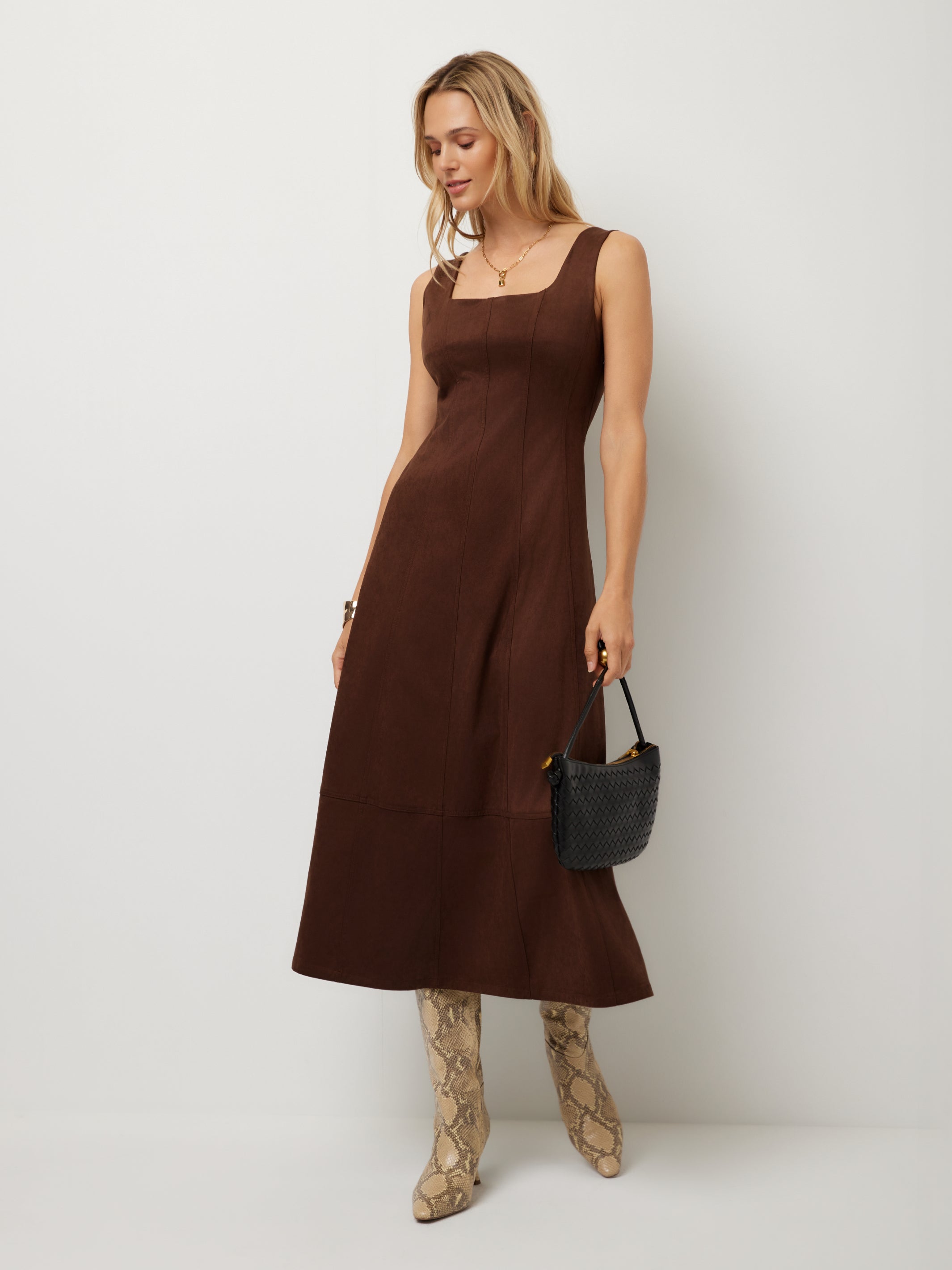 Madalyn Faux Suede Stitch Detail Midi Dress