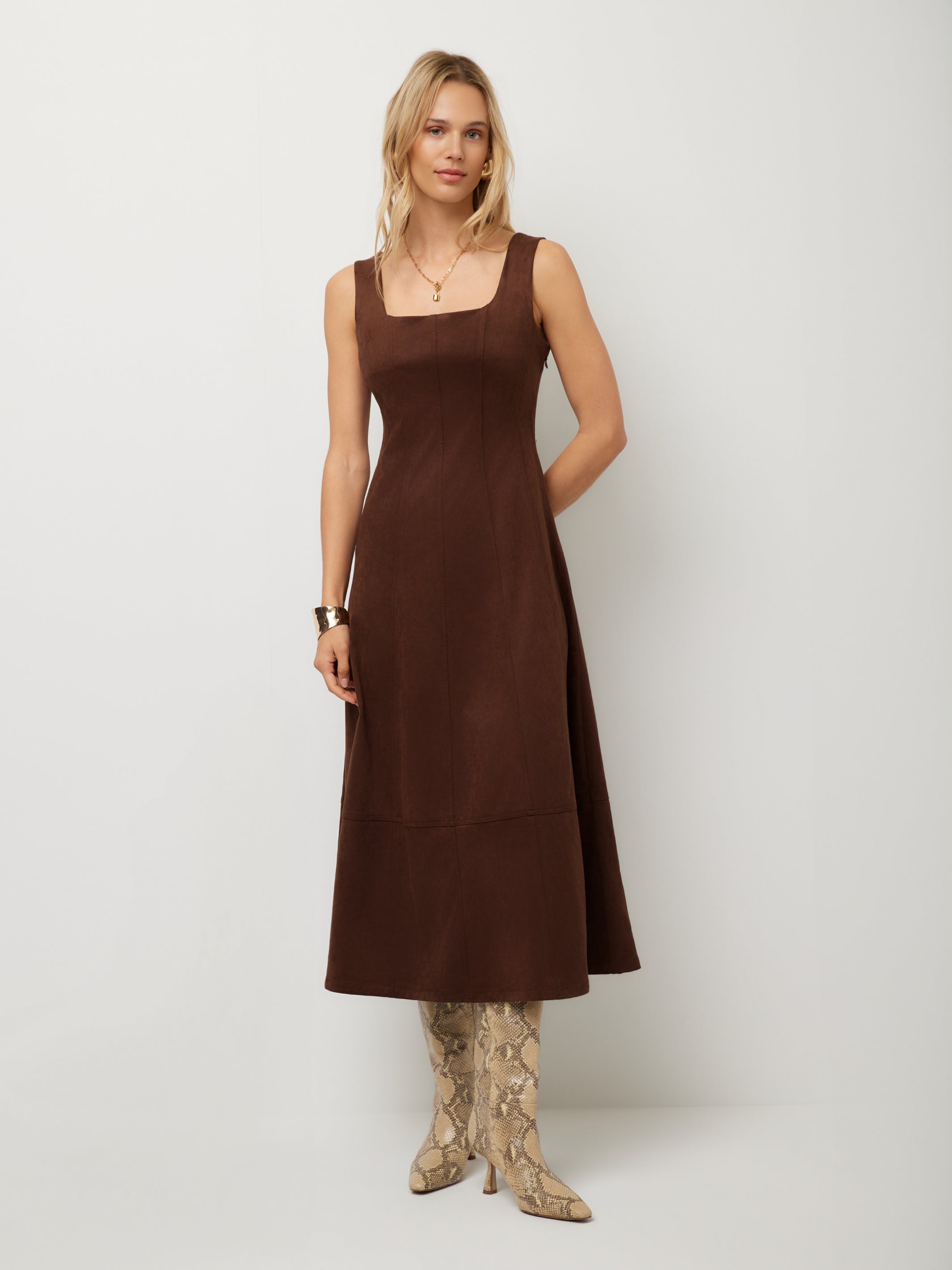 Madalyn Faux Suede Stitch Detail Midi Dress