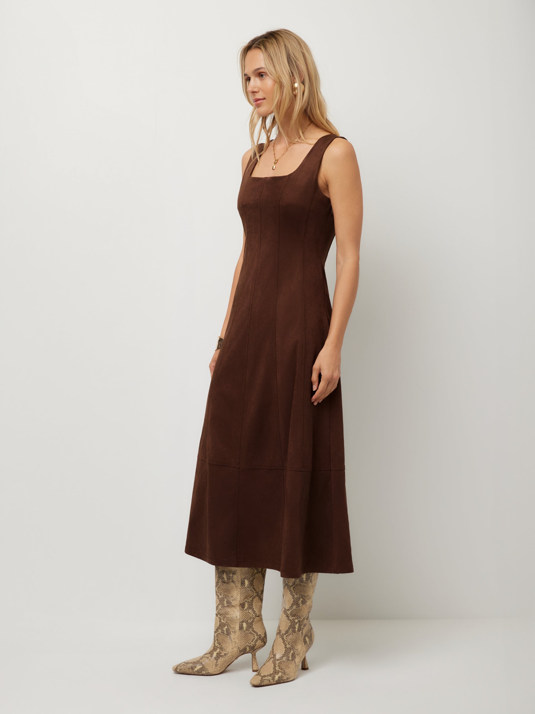 Madalyn Faux Suede Stitch Detail Midi Dress