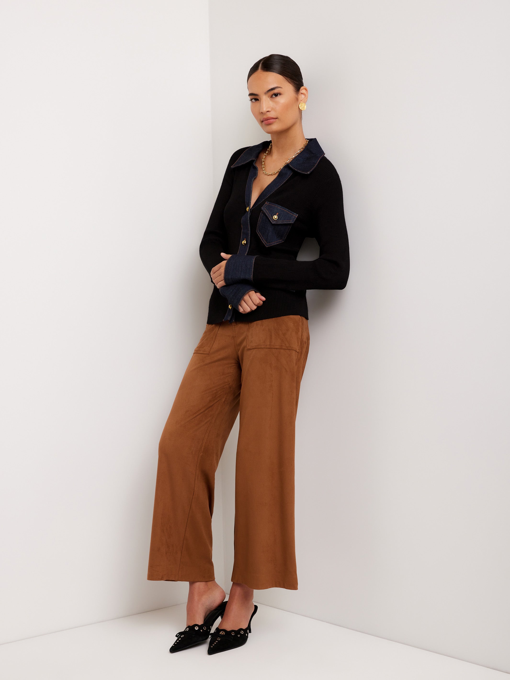 Denim Sweater Button Up Top