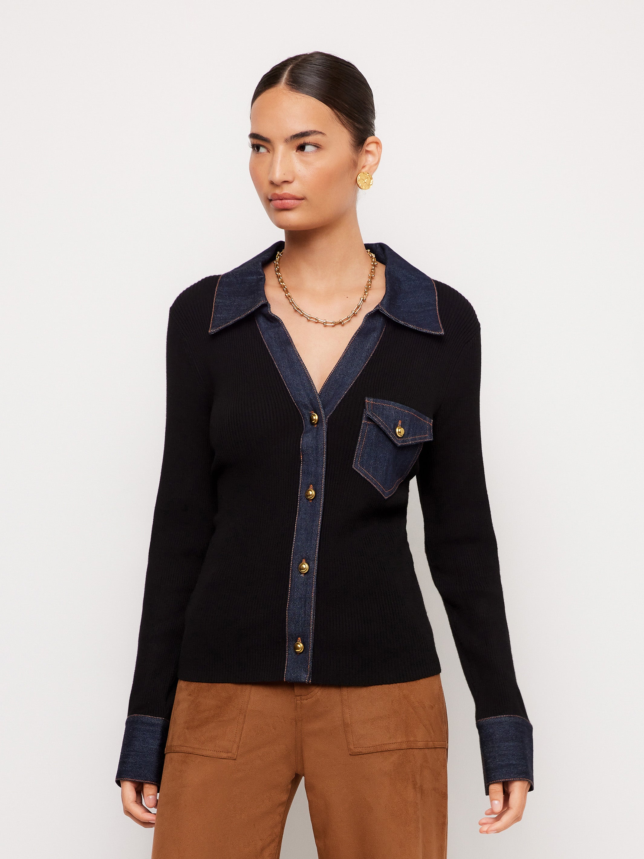 Denim Sweater Button Up Top