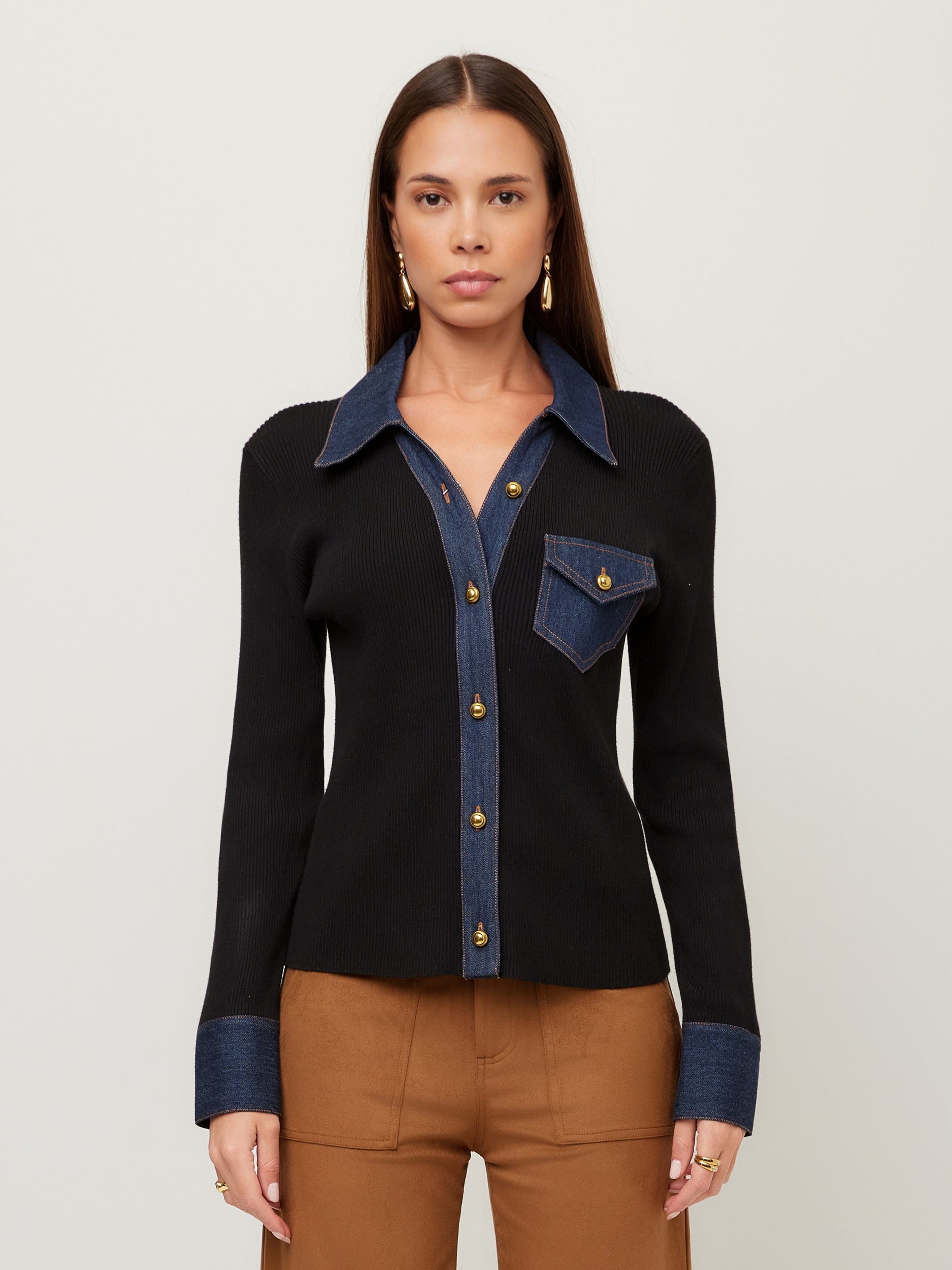 Denim Sweater Button Up Top