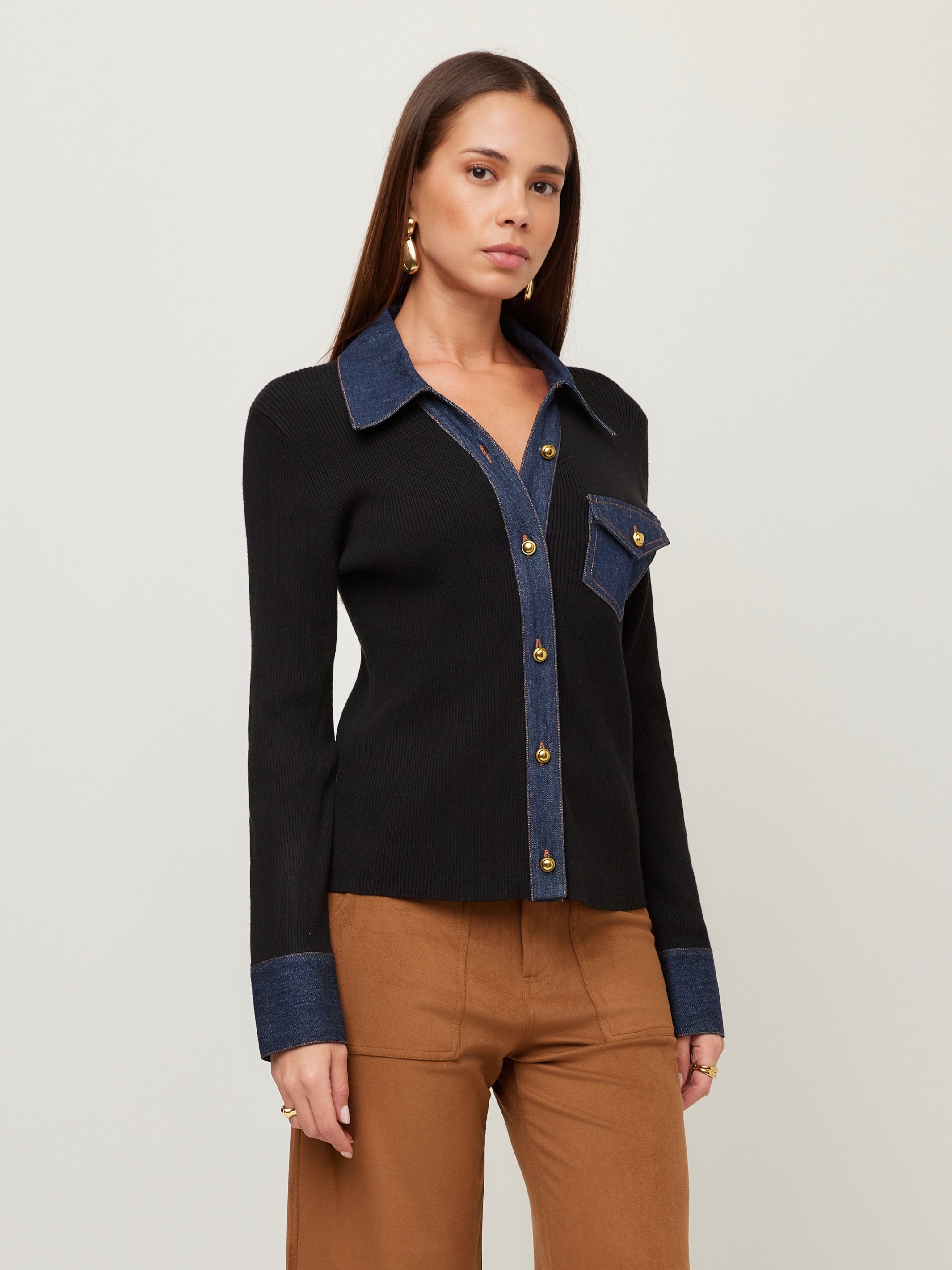 Denim Sweater Button Up Top