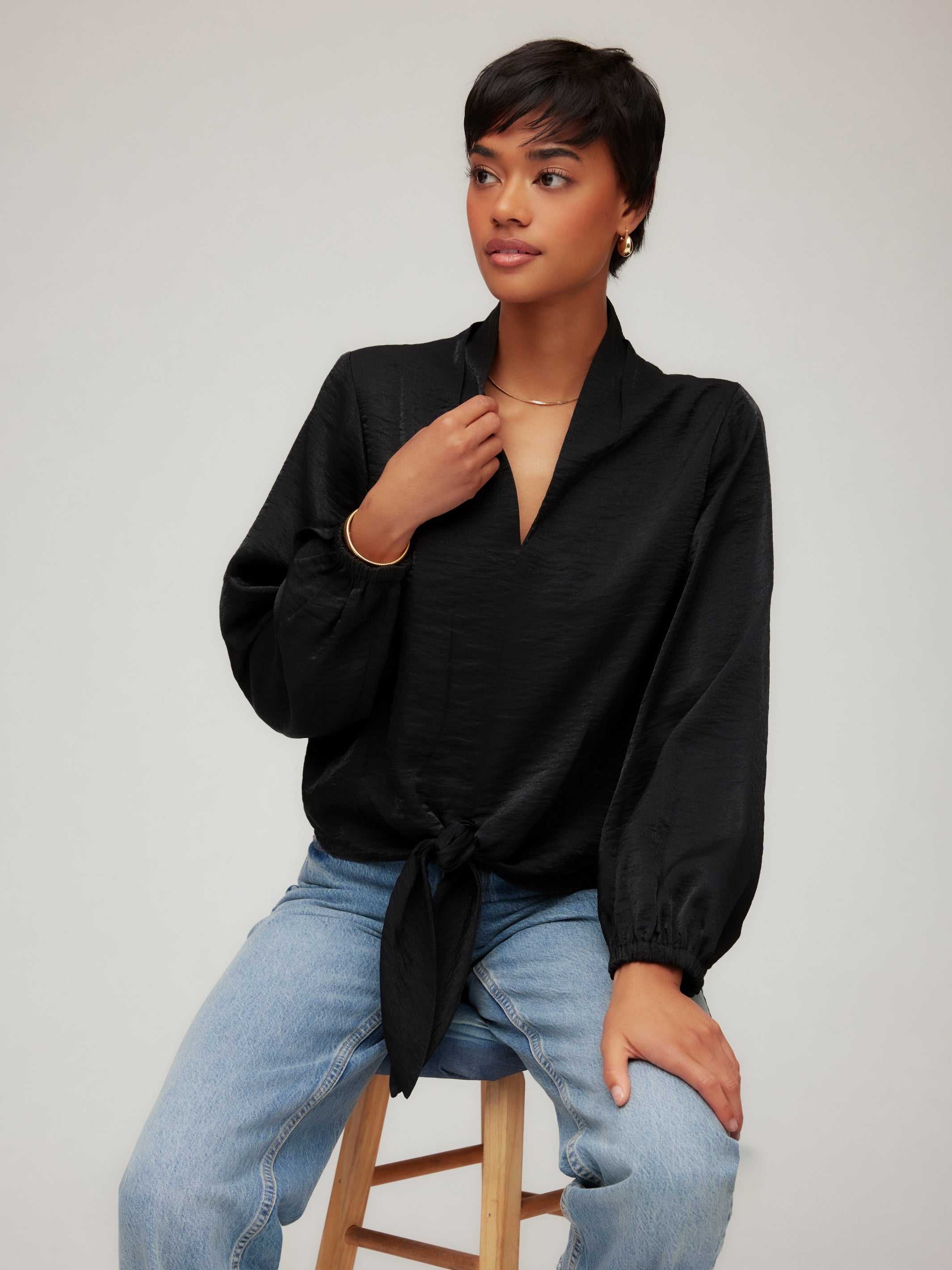 Scarlet Tie-Front Top - Elegant Shimmer Fabric with Feminine