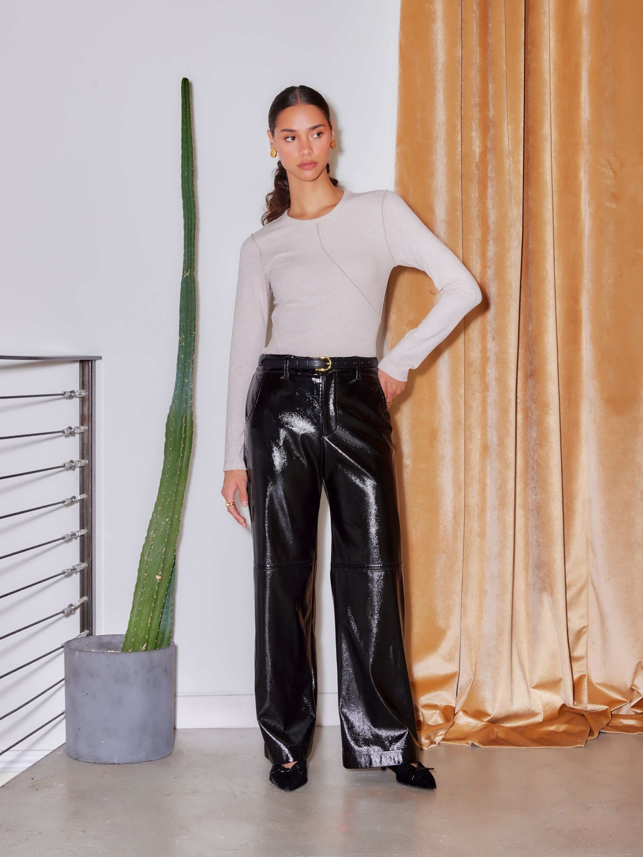 Lara Faux Patent Leather Wide-Leg Pants - Modern Stylish
