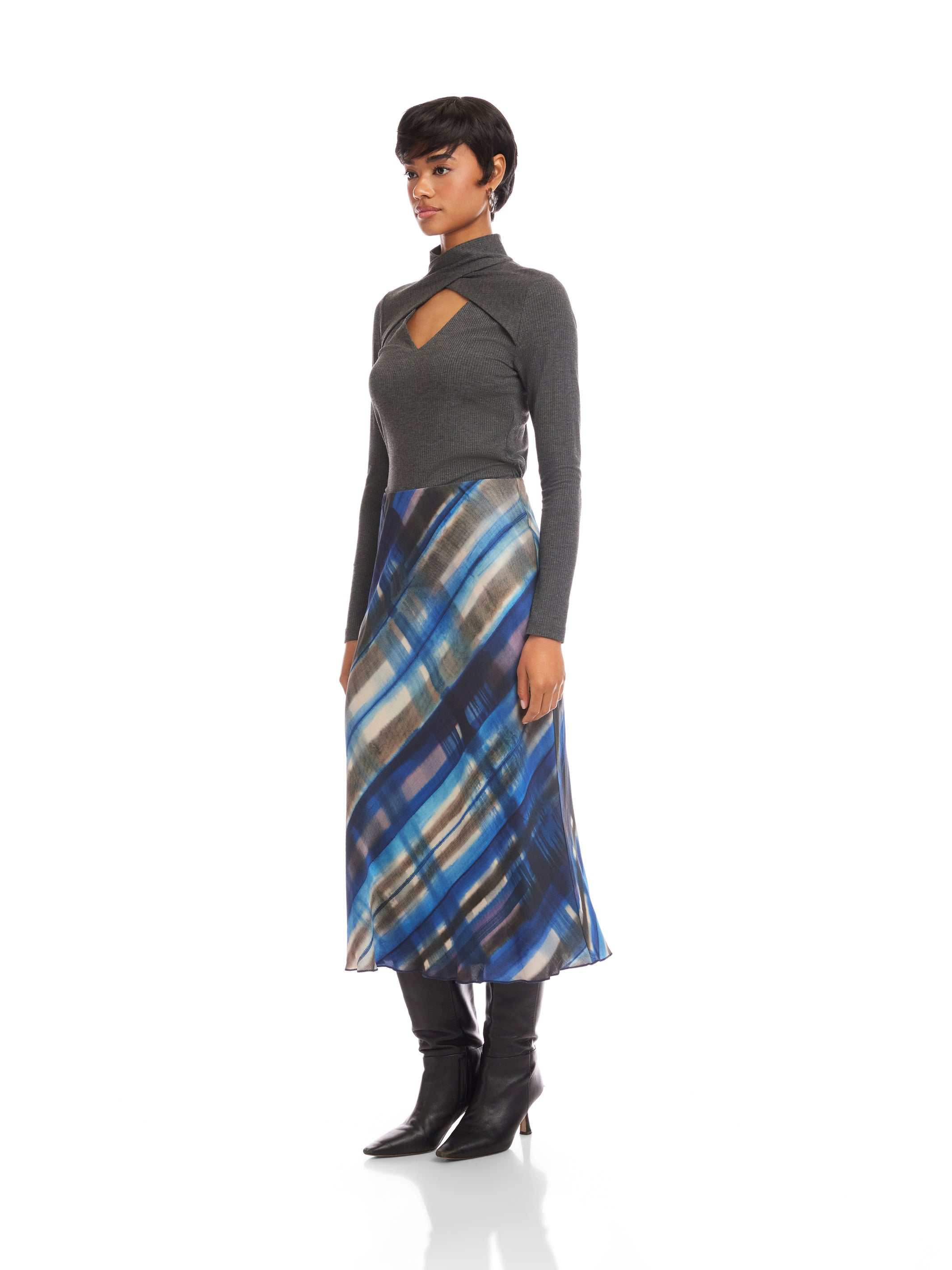 Mia Bias Midi Skirt - Flattering Satin Skirt with Watercolor Print