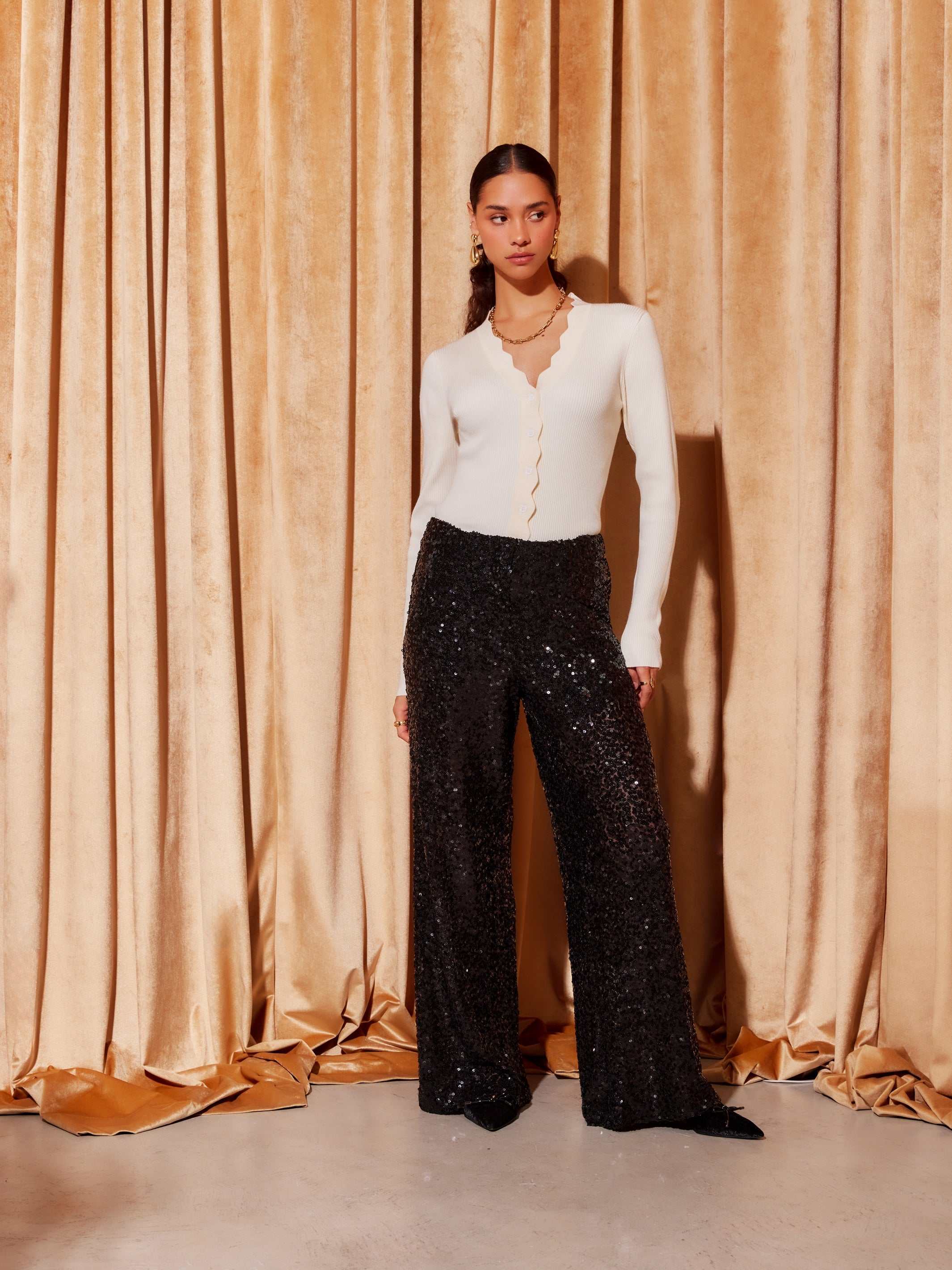 Lynette Sequin Trousers - High-Shine Glamour with Wide-Leg Style