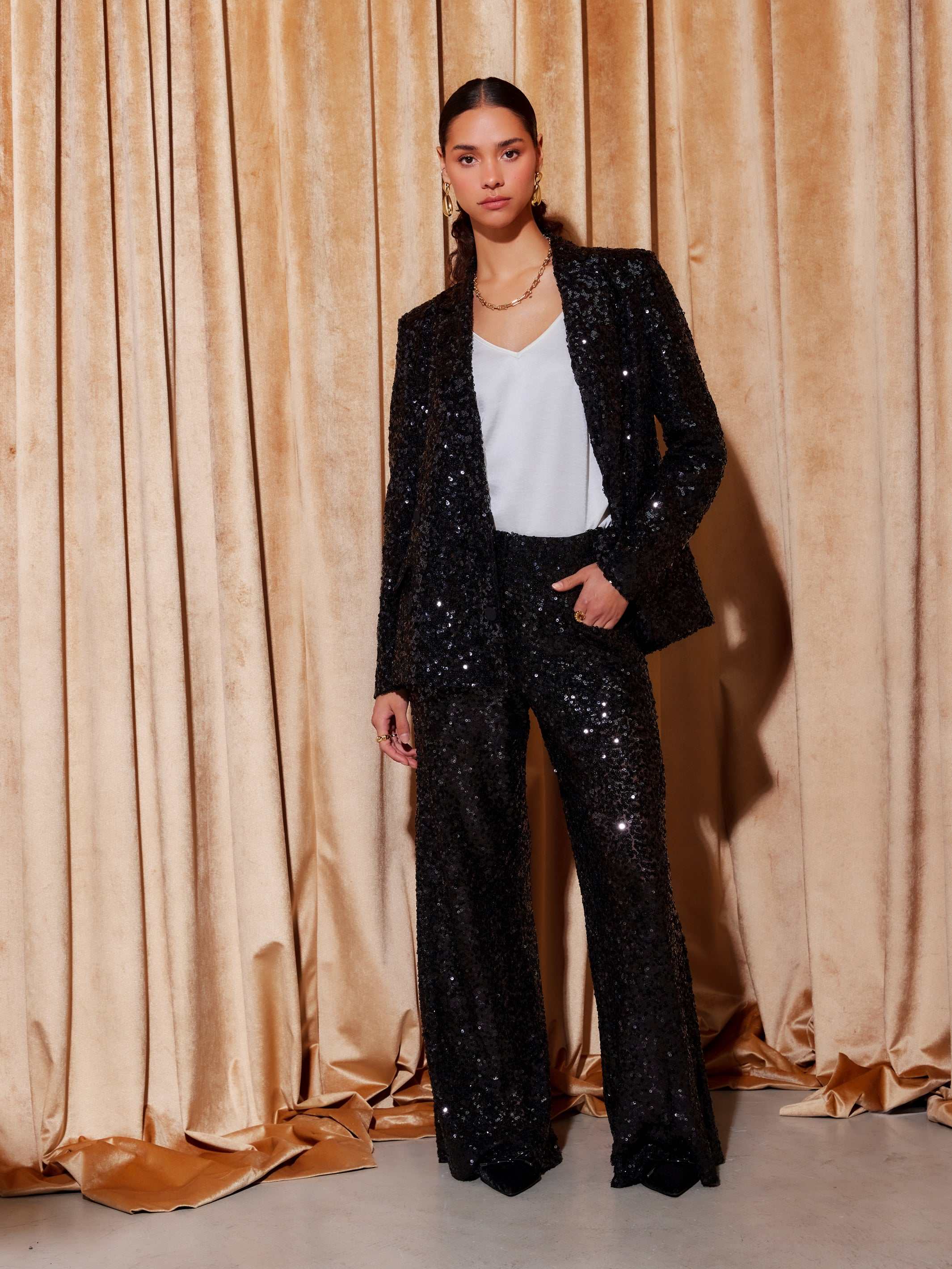 Lynette Sequin Trousers - High-Shine Glamour with Wide-Leg Style