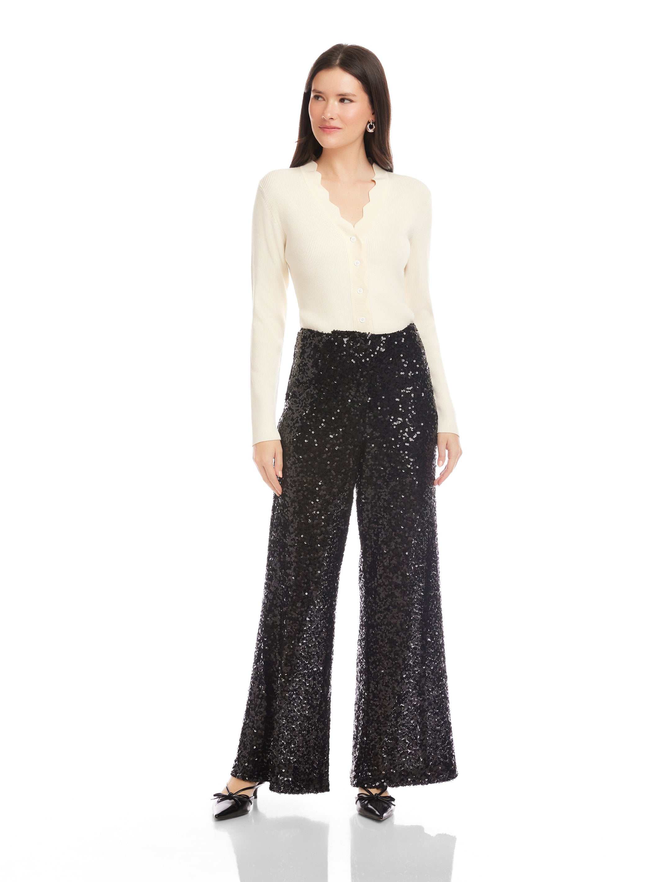 Lynette Sequin Trousers - High-Shine Glamour with Wide-Leg Style