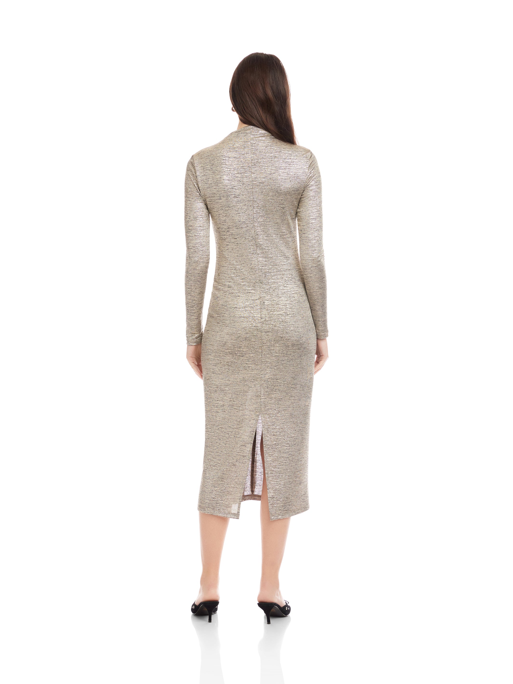 Selena Foil Knit Ruched Long Sleeve Midi Dress in Gray Selena Foil Knit Ruched Long Sleeve Midi Dress in Gray