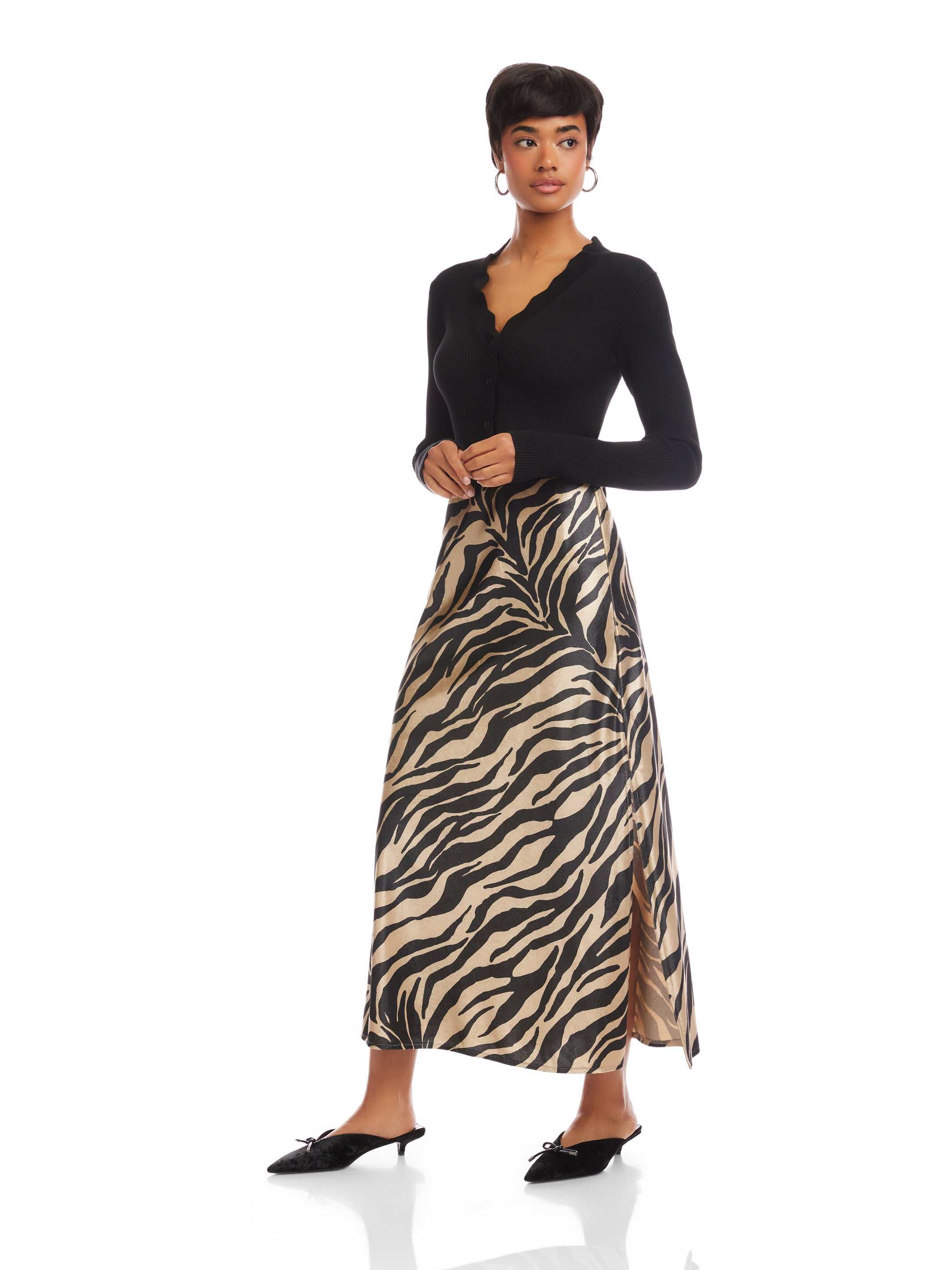 Evy Side-Slit Velvet Bias Skirt - Modern Patterned Midi Skirt for