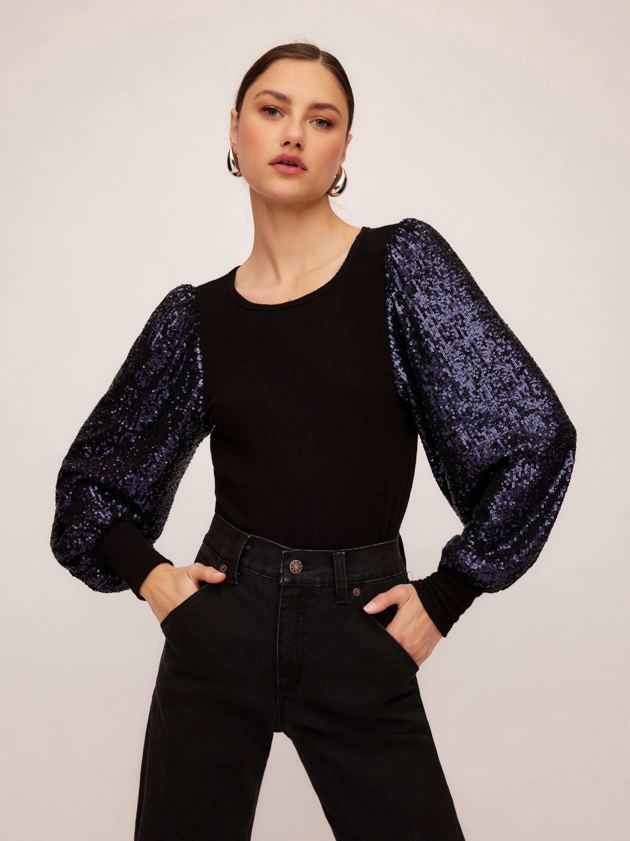Sequin bishop sleeve top with long contrast sequined sleeves and crew neck for elegant special occasions