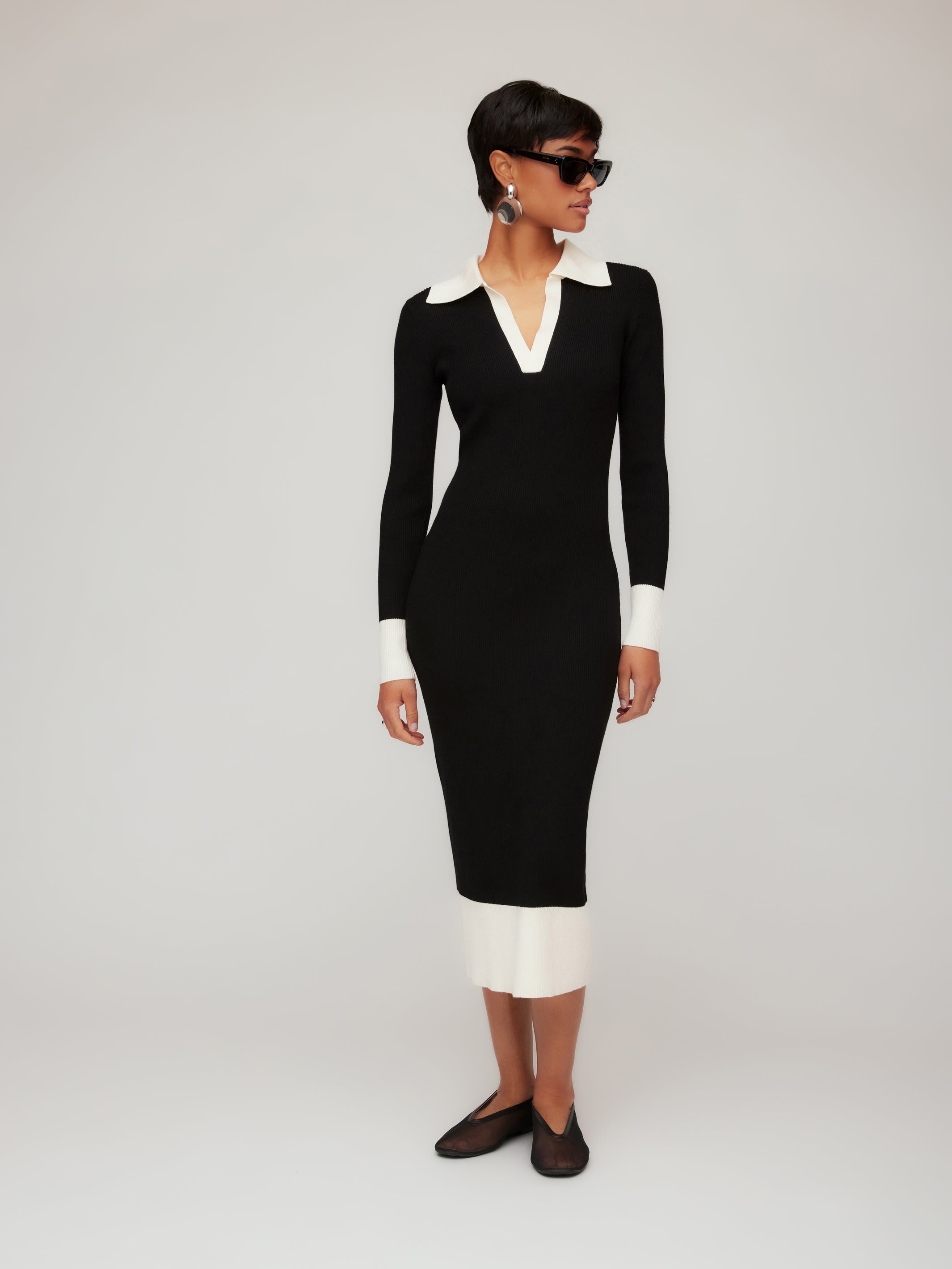 Fifteen Twenty Women's Belle Ribbed Polo Dress In Black And Cream 4F89250
