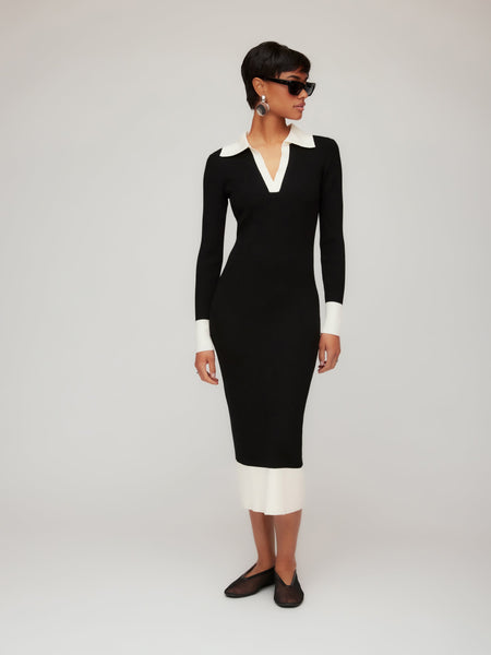 Belle Ribbed Polo Dress - Elegant Ribbed Midi Dress with Contrast