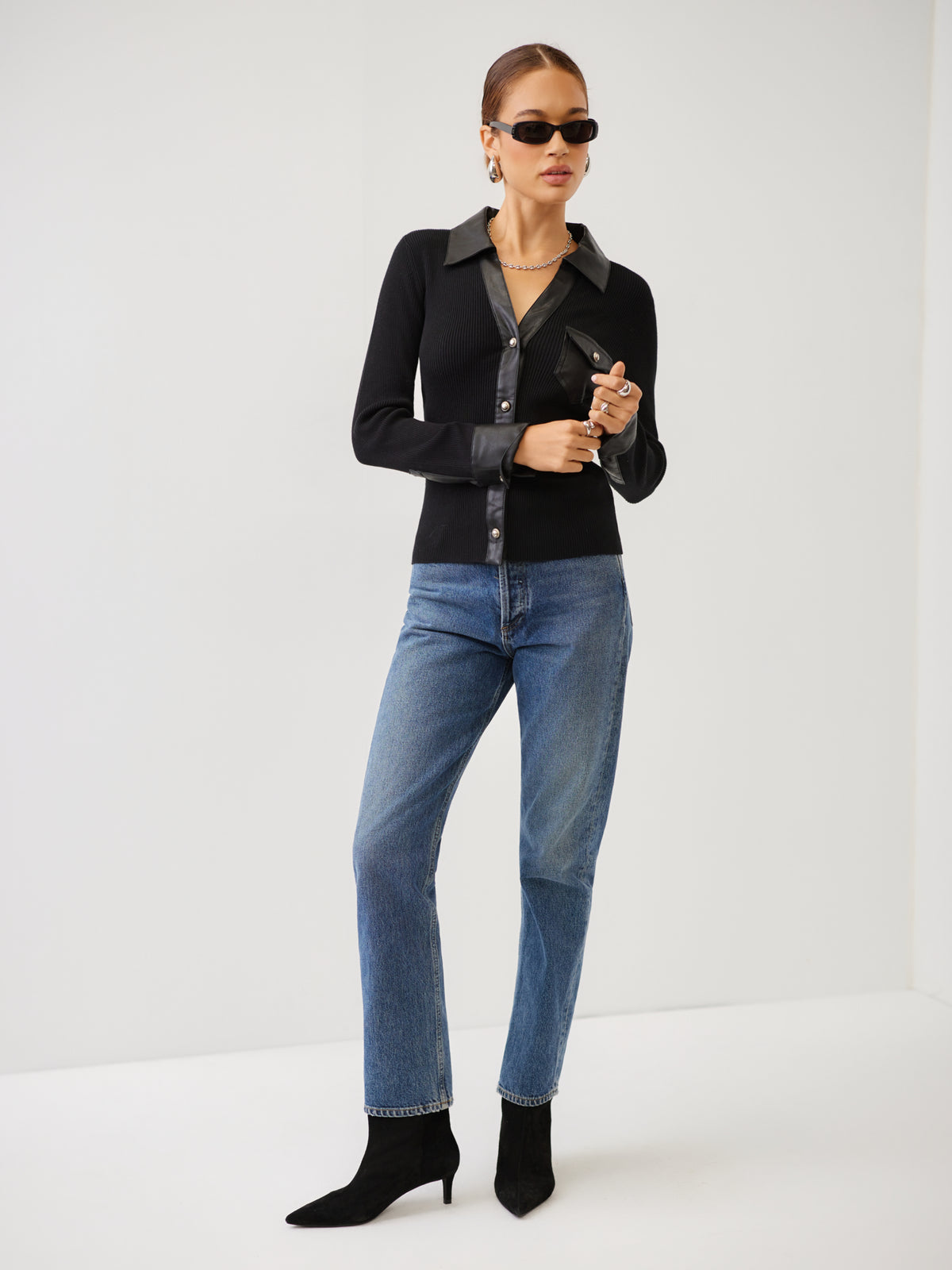 Isabella Contrast Faux Leather Button-Up Top
