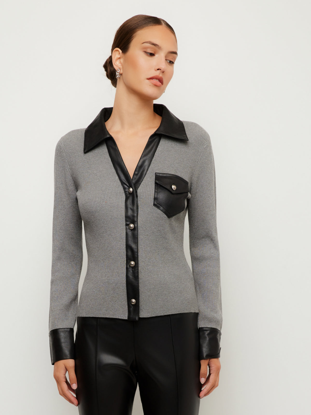 Isabella Contrast Faux Leather Button-Up Top