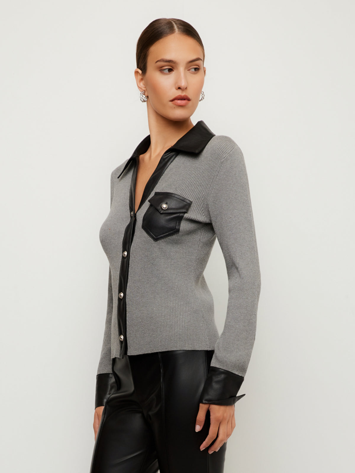Isabella Contrast Faux Leather Button-Up Top
