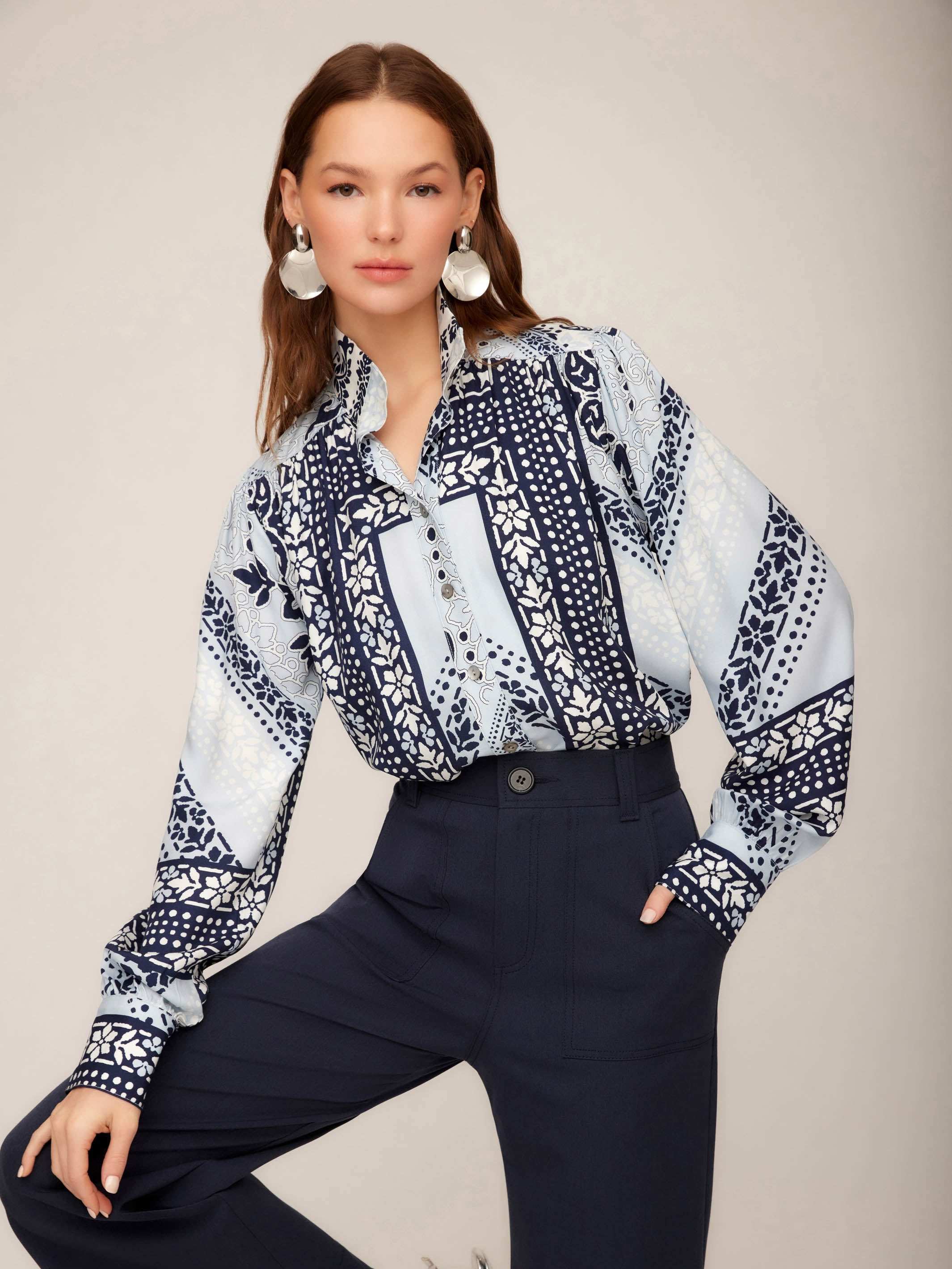 Chloe Blouse navy and light blue floral print button-up with collar and long sleeves in stamped scarf viscose