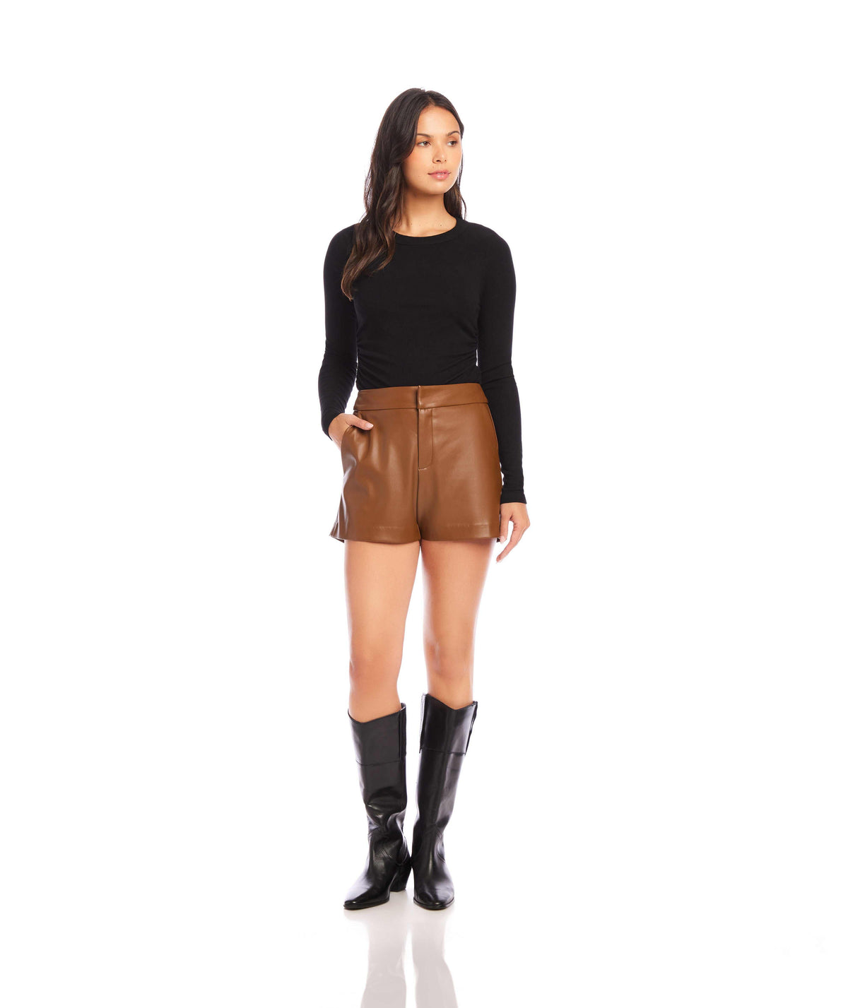 Side Shirred Top - Comfortable Bamboo Rib Knit Long Sleeve 