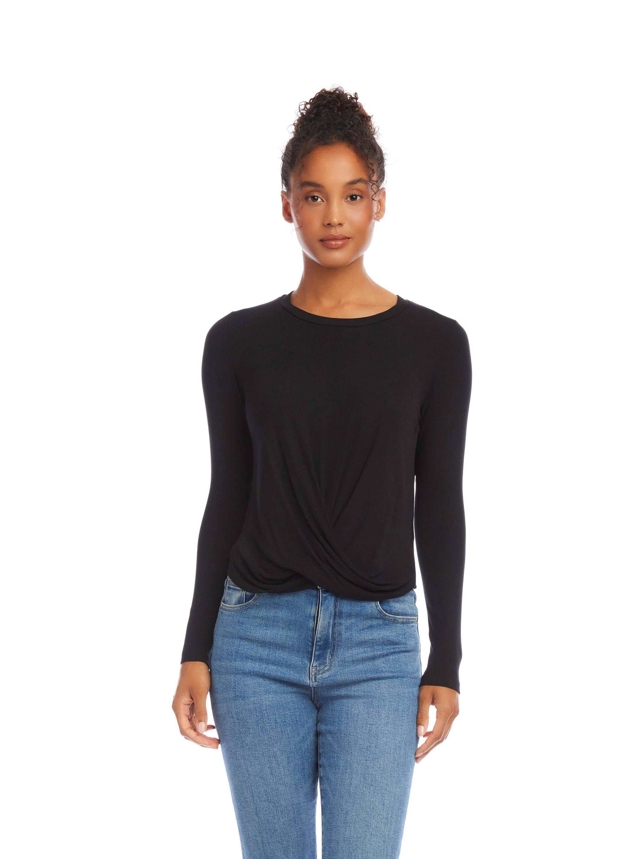 Black long sleeve twist front top in bamboo rib knit worn with jeans